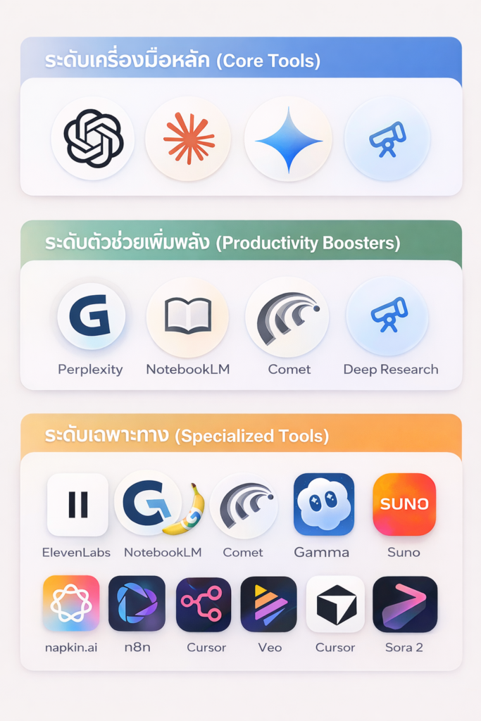 AI Tools 2026 ปณยา สุดตา นิก Panaya Sudta รวมเครื่องมือ AI ที่ควรรู้แบ่งตามระดับการใช้งาน
