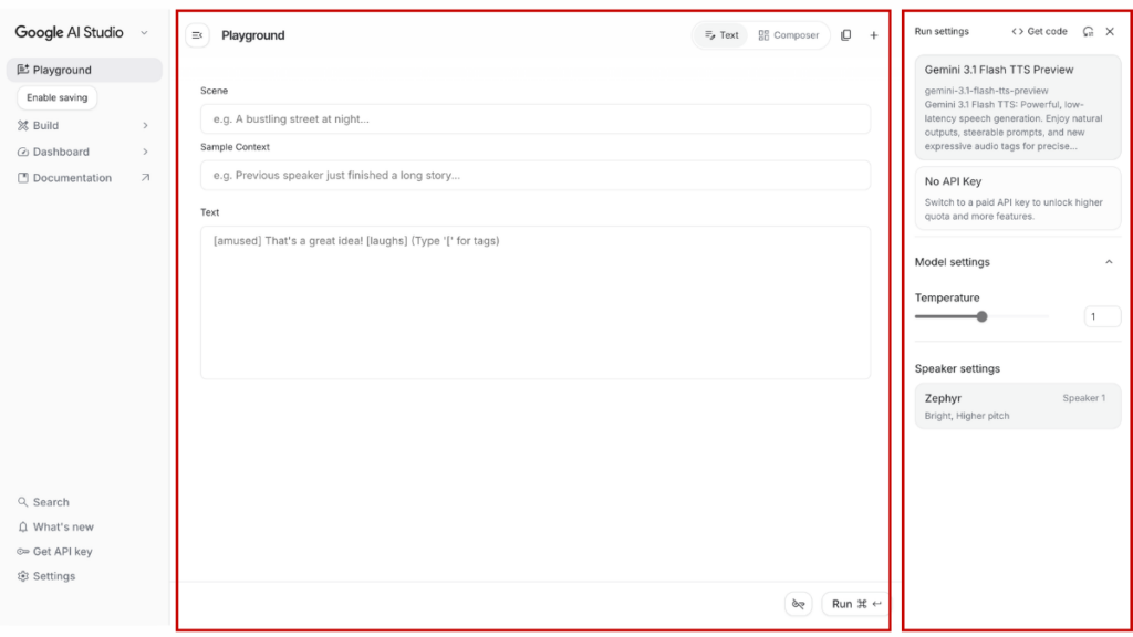 ภาพแสดงหน้าจอ Google AI Studio หลัง อัพเดท Gemini 3.1 Flash TTS จะเห็นว่าระบบถูกแบ่งออกเป็น 2 ฝั่งชัดเจน ฝั่งกลางคือ พื้นที่สร้างเสียง ส่วนฝั่งขวาคือ พื้นที่ควบคุมการแสดงของเสียง