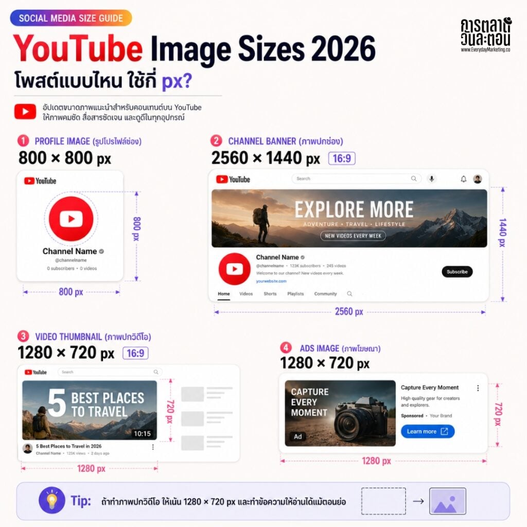 รวมขนาดภาพทุกโพสต์ Facebook, Instagram, TikTok, LinkedIn และ Platform อื่นๆ ปี 2026 พร้อม Framework การทำ Visual System จากการตลาดวันละตอน