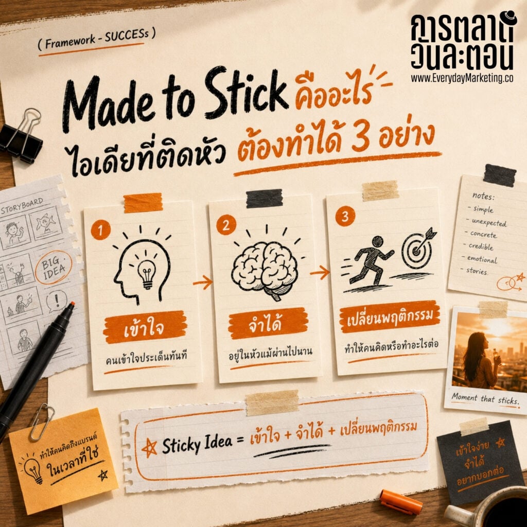 Made to Stick หนังสือที่ถอด SUCCESs Framework 6 ข้อ Simple Unexpected Concrete Credible Emotional Stories ไอเดียการตลาดติดหนึบในหัวลูกค้า