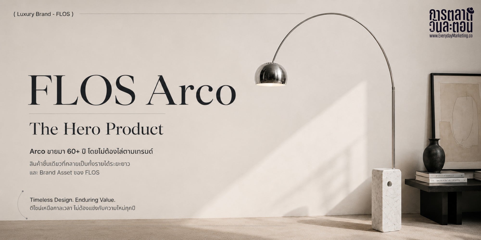 กลยุทธ์ FLOS กับโคมไฟ Arco ที่ออกแบบปี 1962 โดยพี่น้อง Castiglioni ผลิตต่อเนื่องกว่า 60 ปี เข้าคอลเลกชัน MoMA คว้ารางวัล Compasso d'Oro 2020 ราคาหลักแสนบาท จนกลายเป็นหนึ่งในสินค้าที่ถูกลอกเลียนมากที่สุด