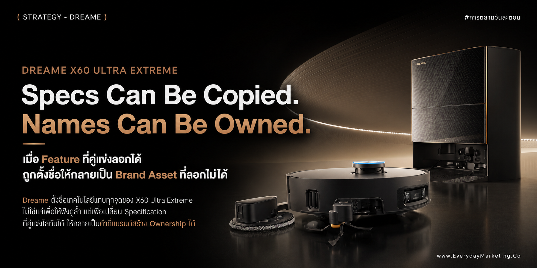 Dreame X60 Ultra Extreme ตั้งชื่อเทคโนโลยี 10 ชื่อใน PR เดียว ถอดรหัส Feature Naming Strategy เปลี่ยนสเปกเป็น Brand Asset เคส Intel Inside, Retina และ 4 กรอบคิด